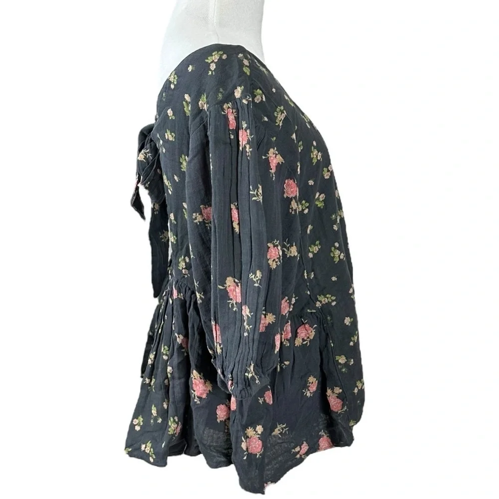 Free People Chloe Printed Top Washed Black Floral Large NWT Cottage Bow Gauze